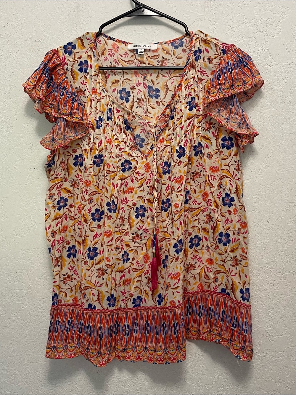 Rose & Olive Blouse XL Floral Boho Tassel Tie Cottagecore Top